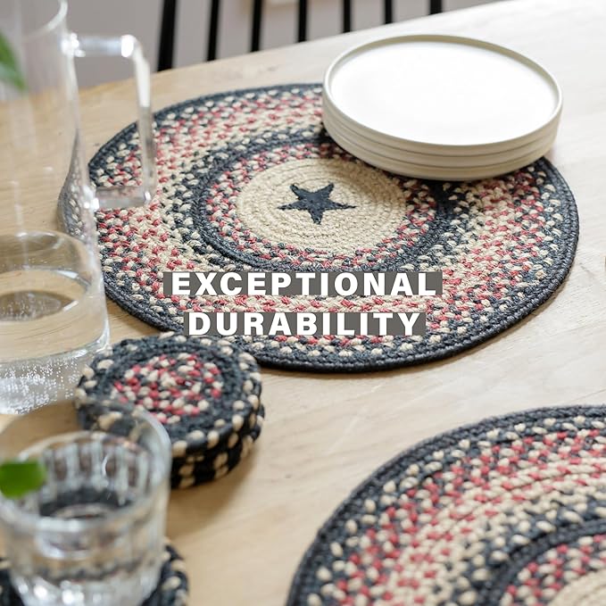 Homespice Primitive Star Gloucester Braided Jute Coasters 4", Warm Primitive Decor, Set of 6, Black and Red - Durable, Absorbs Moisture, Easy to Clean and Protects Furniture
