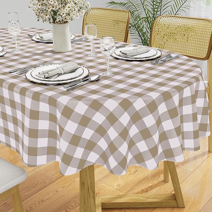 misaya Oval Waterproof Vinyl Table Cloth, Buffalo Flannel Backed Tablecloth, Wipeable Plastic Table Cover for Fall, Thanksgiving (60" x 84", Khaki and White)