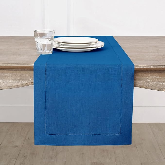 Solino Home Linen Indigo Blue Table Runner 144 Inches Long - 100% Pure Linen Extra Long Table Runner 14 x 144 Inch for Winter, Spring, Easter - Classic Hemstitch