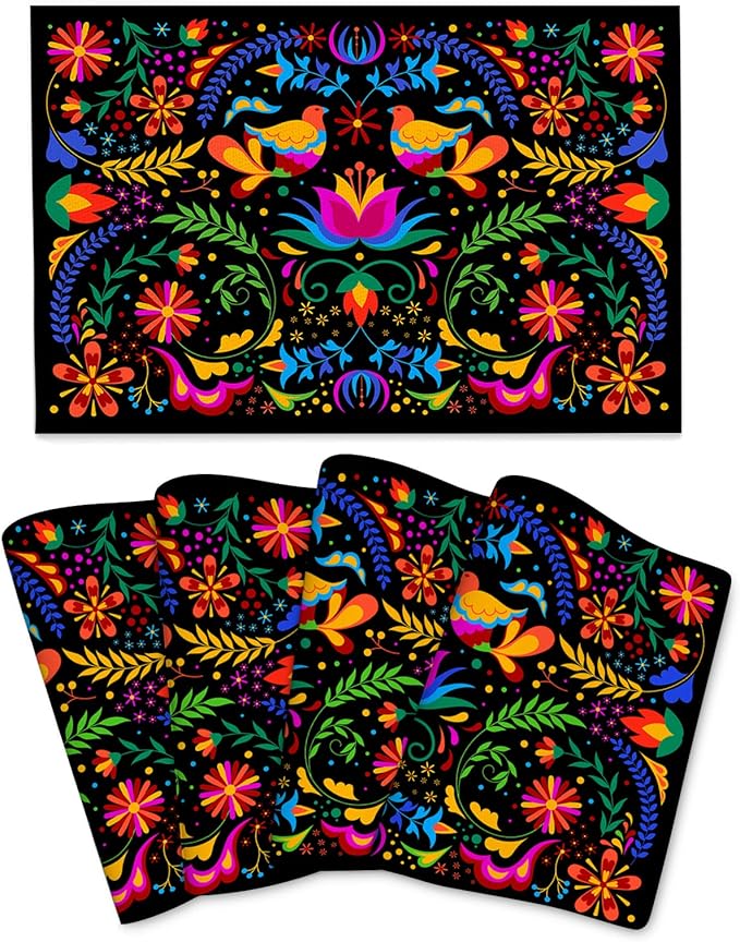 Mexican Placemats Set of 4 Linen 12"x18" Mexican Flower Decorative Kitchen Table Mats for Dining Kitchen Party Home Decor Washable Place Mats