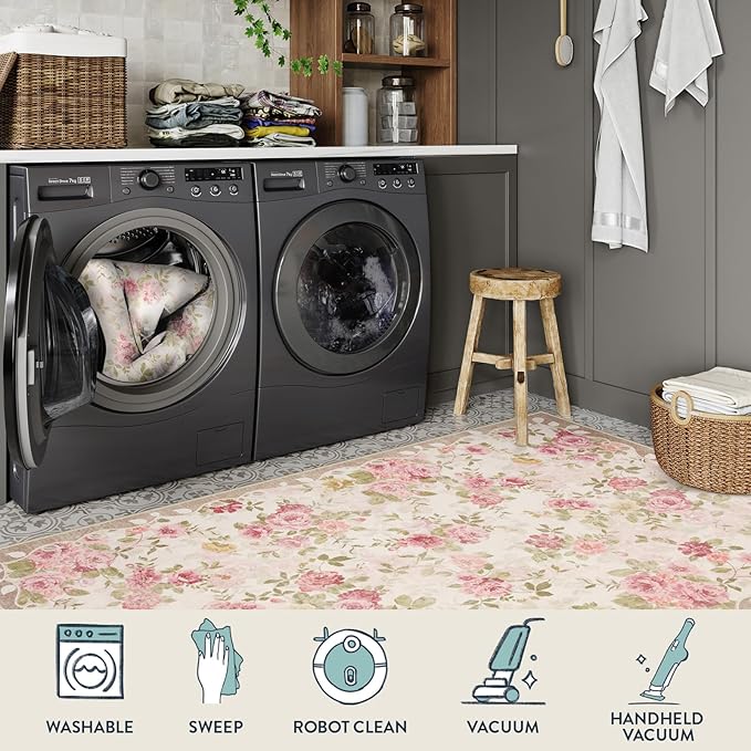 Lahome Vintage Floral 8x10 Area Rugs,Soft Living Room Rugs Boho Large Area Rug Machine Washable, Low Pile Pink Rugs for Bedroom Girls Carpet for Nursery Rug Playroom Dining Room(8'X10',Beige)