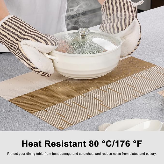 Placemats Set of 6, Vinyl Woven Place Mats Indoor Set of 6 Washable Wipeable PVC Table Mats Heat-Resistant Non Slip Placemat for Kitchen Dining Outdoor Table (Beige Light Brown, Set of 6)
