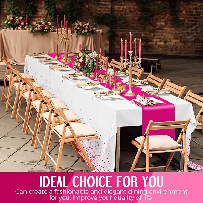 Breling 8 Pack White and Hot Pink Disposable Plastic Tablecloths and Satin Table Runner Set, 54 x 108 Inch Tablecloth, 12 x 108 Inch Table Runners for Birthday Baby Shower Wedding Graduation