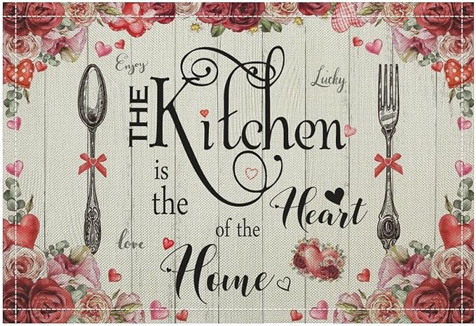 Retro Farmhouse Placemat Set, Romantic Pink Rose Floral Rural Plank Art Sketch Cutlery Knife Fork Inspirational Quotes Pattern Home Decor Linen Table Mats for Dining Room Kitchen Party (17x12in) x6P