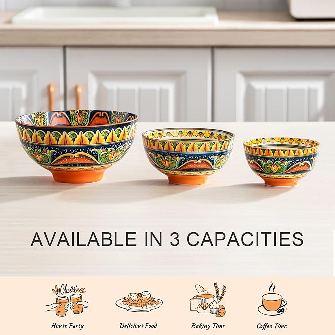 Henten Home Ceramic Dessert Bowls Set of 6, Bohemia 10 oz Snack Serving Bowl, Porcelain Colorful Bowls for Snack, Soup, Ice Cream, Decorative, Microwave & Dishwasher Safe