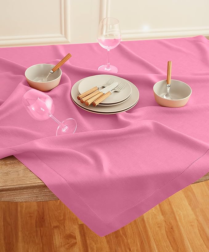 Solino Home Square Linen Tablecloth 52 x 52 Inch - 100% Pure Linen Flamingo Pink Table Throw - Classic Hemstitch, Machine Washable Table Cloth for Valentines, Spring, Easter