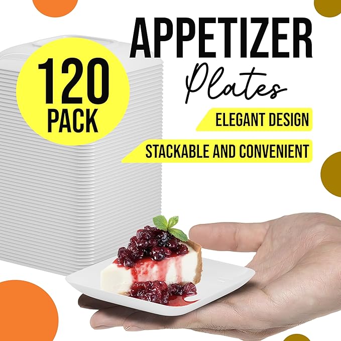 Exquisite Tiny Mini Dessert Plates - 120 Pack 2.4 In. x 2.4 In. White Disposable Appetizer Plates - Small Plastic BPA Free for Weddings
