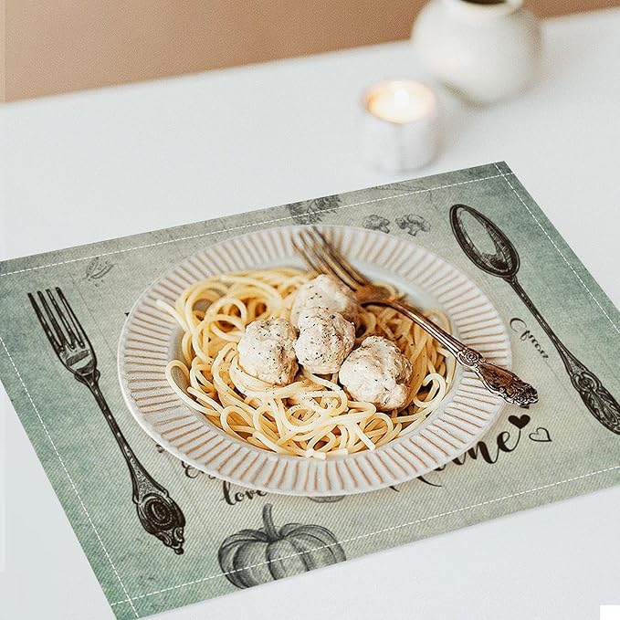 Retro Farmhouse Placemat Set, Minimal Green Gradient Rustic Plank Art Sketch Cutlery Knife Fork Inspirational Quotes Pattern Home Decor Linen Table Mats for Dining Room Kitchen Party (17x12in) x6P