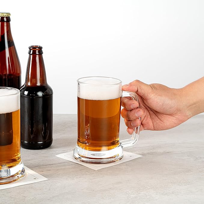 Restaurantware-Vetri 16 Ounce Beer Mugs, 6 Dishwashable Beer Glasses With Handle - No-Lead, Heavy Base, Clear Glass Large Stiens, For Pubs, Bars, Restaurants, Home, Hotel, Or Hosting Parties