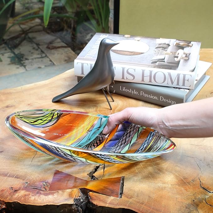 Ca D Oro Murano Style Small Decorative Bowl and Centerpiece Boho with Colored Canes Hand Blown Art Glass Crystal for Home and Room Decoration - 50 MS
