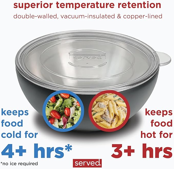 served Large Insulated Serving Bowl with Lid (100oz/3QT) - Double-Walled Stainless Steel Bowl for Hot & Cold Food - Vacuum Insulated, Spill-Resistant Thermal Bowl for Parties, Casseroles, Tailgates