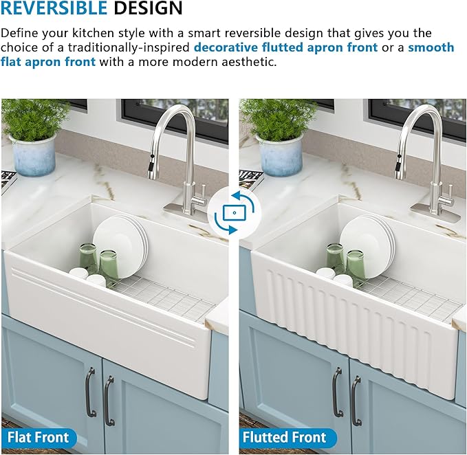 30"x18" White Farmhouse Kitchen Sink – Reversible Apron Front Fireclay Single Bowl Farm Sink, White Ceramic Porcelain Farmer Style Basin