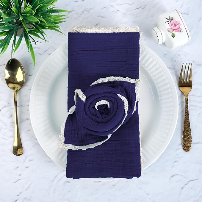 FINGERCRAFT Dinner Cloth Napkin Cotton Muslin Double Gauze 12 Pack with Classic Lace for Everyday Use, Wedding, Christmas, Easter Napkins Cloth are Pre Shrunk and Good Absorbency Bellwether Blue