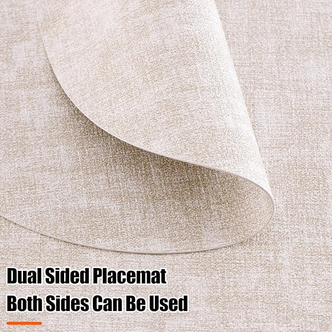 Homaxy Round Faux Leather Placemats and Coasters, Washable Dual-Side Table Mats, Wipeable Heat-Resistant Dining Place Mats for Outdoor and Indoor, Set of 4, Diameter 13 and 3.93 inch, Beige