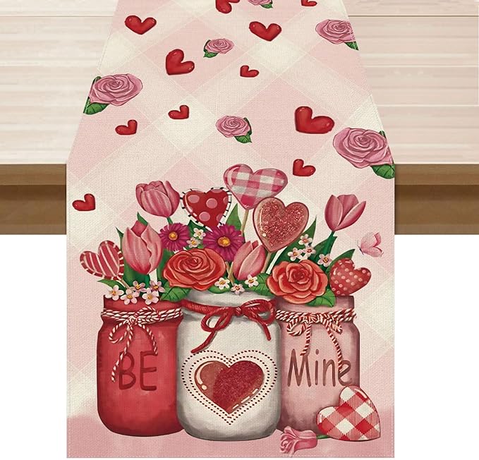 XCHI Roses Flowers Love Hearts Vase Valentine’s Day Table Runner Table Decoration for Party Home Kitchen Dining Dinner Holiday Decor 13x36 Inch