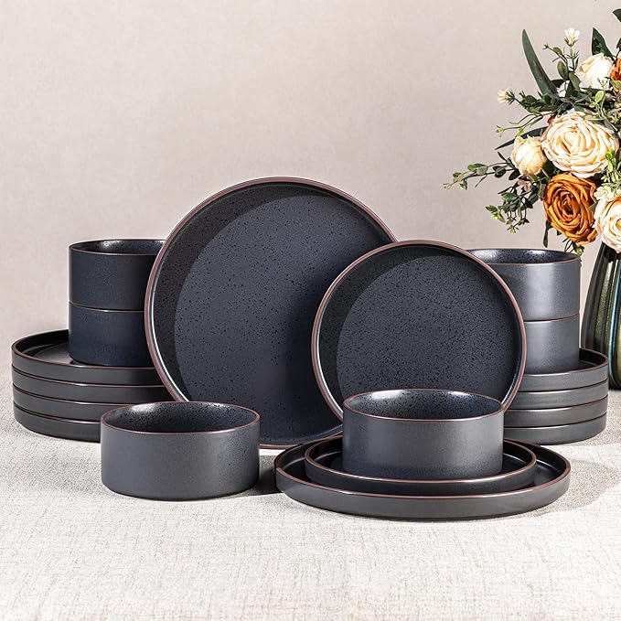 LERATIO Ceramic Dinnerware Sets for 6, High Edge Stoneware Plates and Bowls Set, Chip and Crack Resistant | Oven & Dishwasher & Microwave Safe Dishes Set, Service for 6 -Ashen