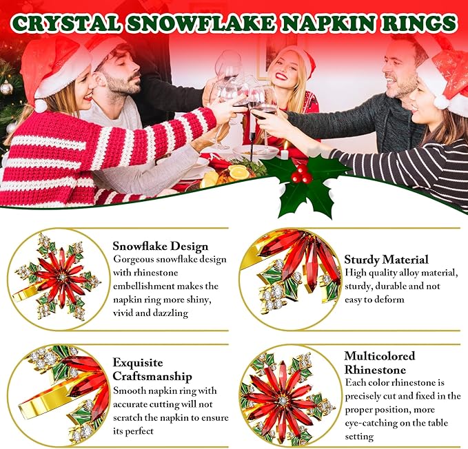 ZeeDix Christmas Crystal Snowflake Napkin Rings Set of 6- Rustic Dinner Tables Setting Decoration for Wedding Receptions, Christmas Holiday Party Dinner Parties