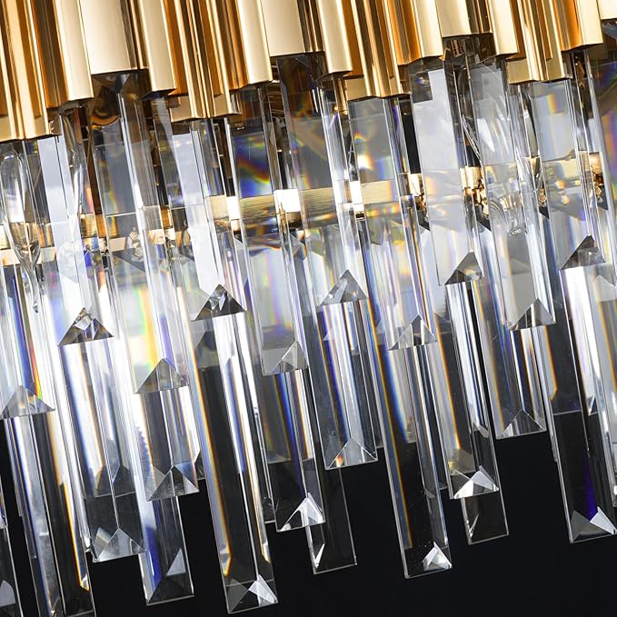 L43.3 Modern Rectangle Crystal Chandelier Gold Linear Pendant Ceiling Light Fixture for Dining Room Contemporary Oval Raindrop Chandeliers Lighting for Kitchen Island 13-Light