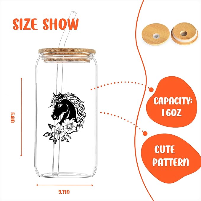 Cute Horse Glass Cup With Lids And Straws, Horse Gift For Women, Iced, Coffee, Smoothie, Cocktail, Beer, Whiskey, Soda, Matcha,16 Oz, Home Office Table Desk Decoration!