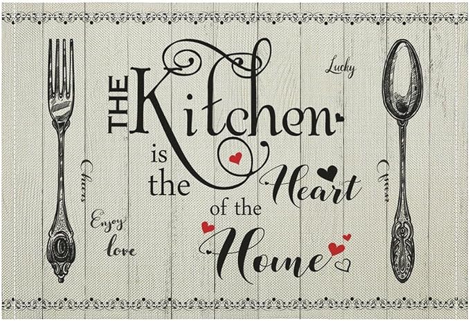 Retro Farmhouse Placemat Set, Minimal Black White Rustic Plank Art Sketch Cutlery Knife Fork Inspirational Quotes Pattern Home Decor Linen Table Mats for Dining Room Kitchen Party (17x12in) x6P