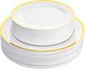 Aya's 60 Pack Heavy Duty Plastic Plates with Gold Rim - 30 Each of 10" Dinner and 7.5" Appetizer White Disposable Plates - Elegant Fancy Plastic Plates for Party, Weddings, and Special Events