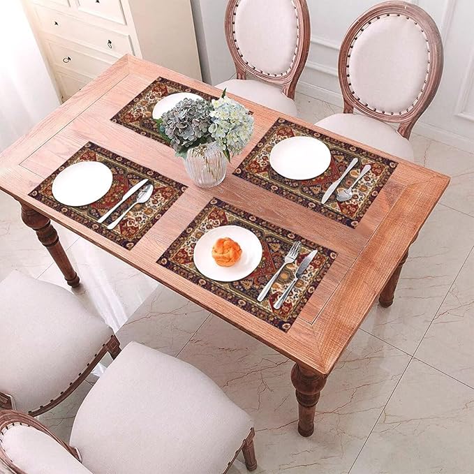 Persian Design Placemats Set of 4 Tribal Texture Boho Persian Rust Wipeable Table Mats Reusable Washable PVC Rectangle Place Mats for Kitchen Dining Home Decor 12x18 Inches