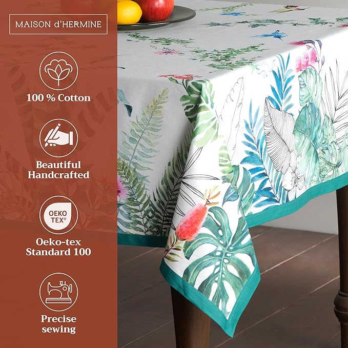 Maison d' Hermine Table Cloth Rectangle Table 100% Cotton 70 x 108 Inches Tablecloth Reusable Decorative for Dining Room Farmhouse Home Valentines Day Decorations Spring Summer - Tropiques
