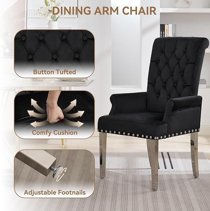 Velvet Dining Chair with Arms, Upholstered Tufted High Back Dining Room Chairs, Accent Armchair with Chrome Leg and Nailhead Trim, Kitchen Dining Living Room, Black