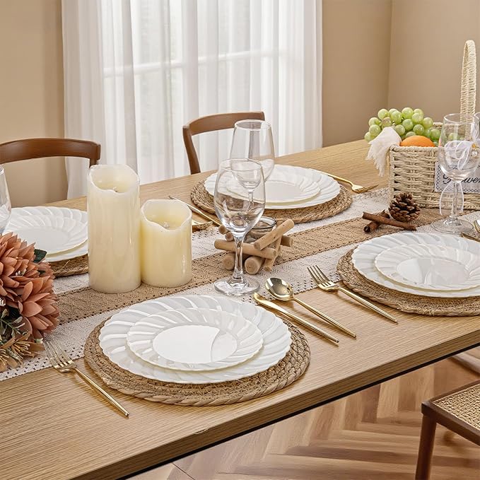 U-QE 60 Pcs Ivory Plastic Plates for Party – Scalloped Plastic Plates Heavy Duty & Elegant – Include 30 10.25" Dinner & 30 7.25" Dessert Plates - Perfect for Party & Wedding