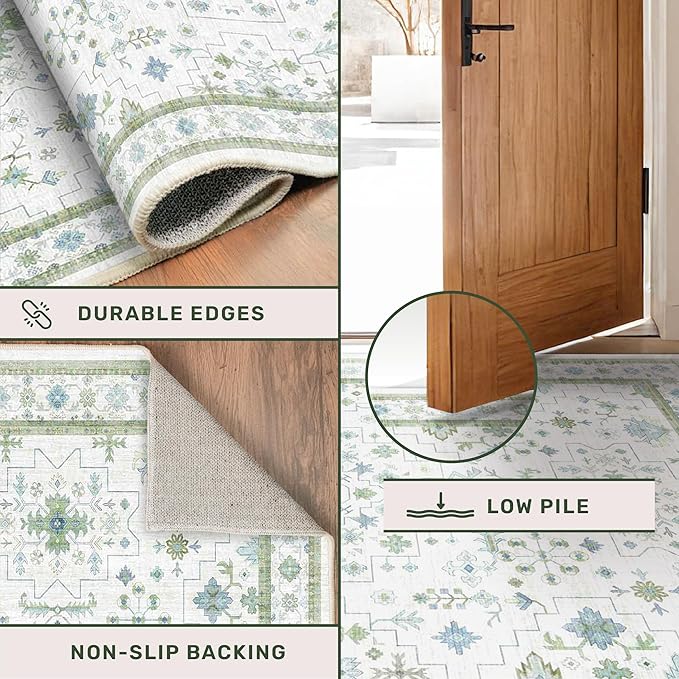 Washable Oushak 2x6 Bathroom Runner Rug, Eclectic Boho Floral Pastel, Non Slip Low Pile Stain Resistant Small Throw Rug for Bedroom, Laundry Room, Powder Room, Cream Green