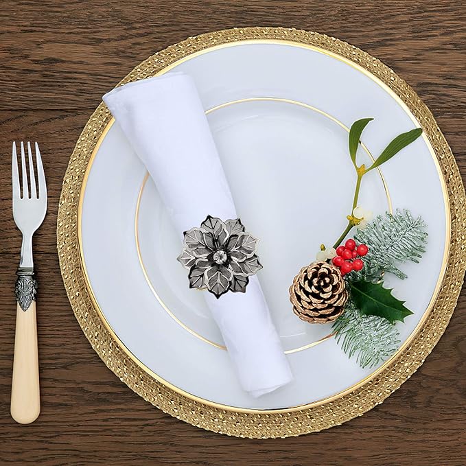Picowe Set of 12 Alloy Napkin Rings with Hollow Out Flower Napkin Ring Holders for Wedding Party Holiday Banquet Christmas Dinner Delicate Serviette Buckles Decor Favor (Gun Metal)