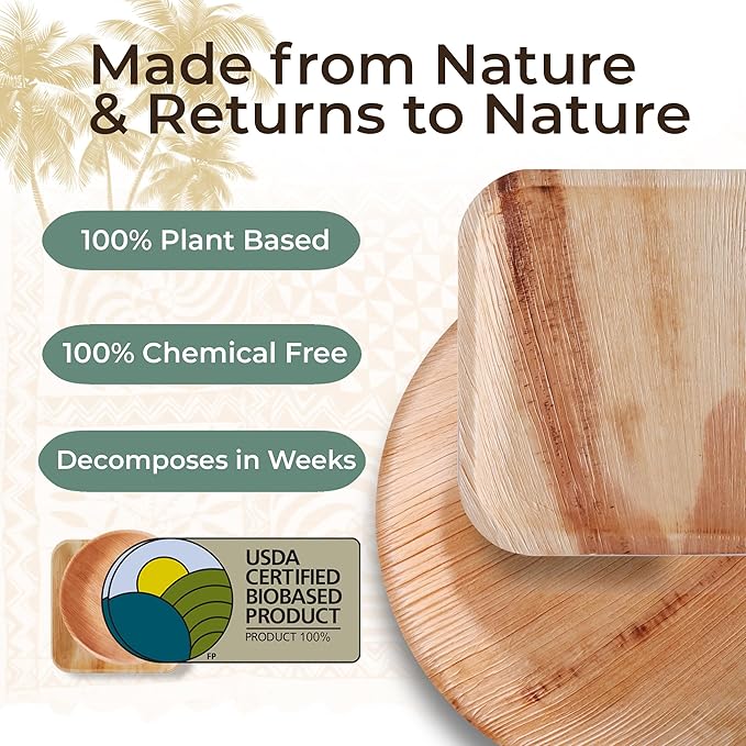 Indie Palm Disposable Palm Leaf Plates – 100 Pack 8 Inch Square – Heavy Duty, 100% Compostable & Biodegradable – Eco-Friendly Alternative to Plastic & Bamboo – Perfect for Parties & Events