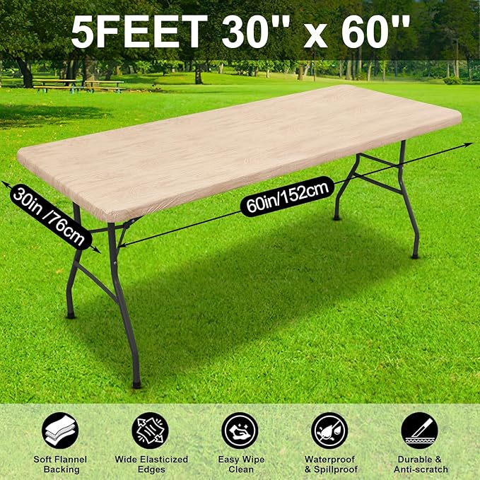 Smiry Rectangle Table Cloth Cover, Waterproof Elastic Fitted Picnic Tablecloth for 5 Foot Tables, Wipeable Flannel Backed Vinyl Tablecloths for Camping, Dining, Outdoor (Beige Wood, 30" x 60")