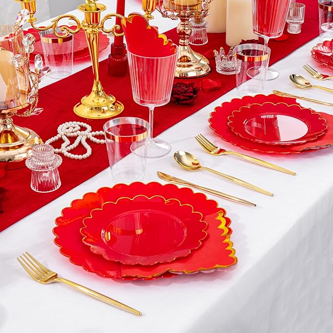 LIYH 210 Pcs Red Plastic Plates - Red Disposable Plates and Napkins Set, Gold Scalloped Plastic Plate Include Dinner & Dessert Plate, Silverware, Cups for Valentine's Day 30 Guests