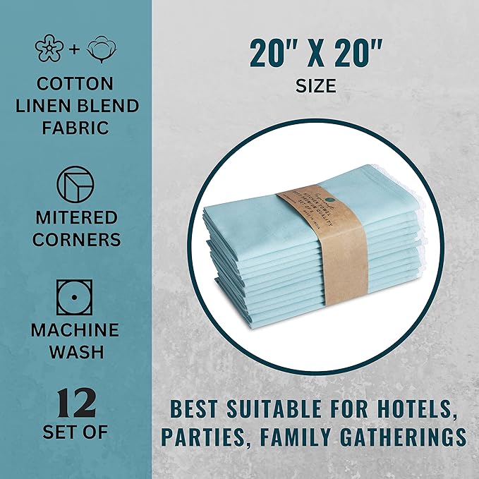 Fingercraft Dinner Cloth Napkin Cotton Linen Set of 12 Mitered Corners with Natural Elegant Lace for Everyday Use Napkins are Pre Shrunk and Good Absorbency with Lace 20x20 in Aqua