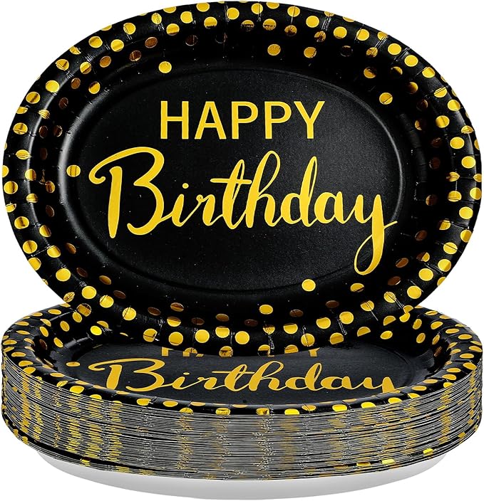 50Pcs Black and Gold Birthday Oval Paper Plates 10" x 12" Large Heavy Duty Disposable Black Gold Happy Birthday Decorations Golden Dessert Party Plate for Women Men Winter Xmas Holiday Party Supplies