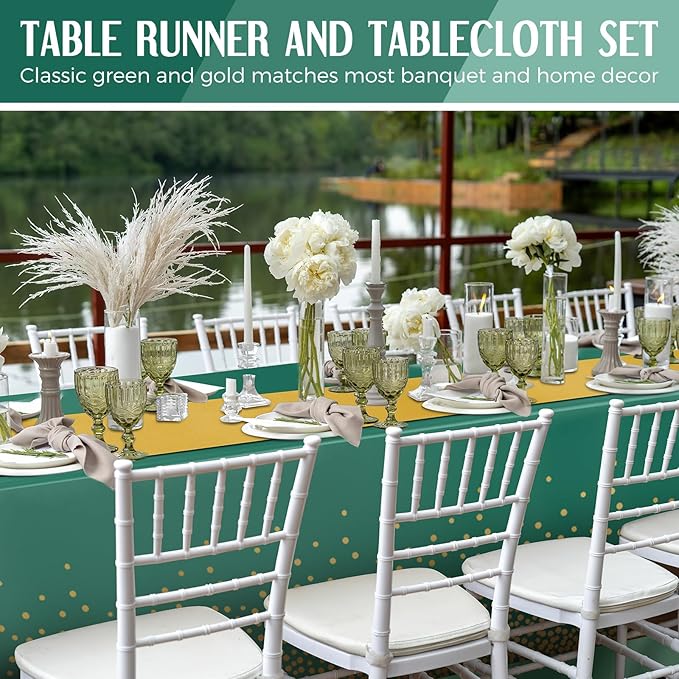 Breling 24 Pack Green and Gold Disposable Plastic Tablecloths and Satin Table Runner Set, 54 x 108 Inch Tablecloth, 12 x 108 Inch Table Runners for Wedding Graduation Birthday Baby Shower New Year