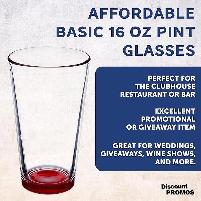 DISCOUNT PROMOS Beer Pint Glasses 16 oz. Set of 10, Bulk Pack - Heavy Duty Glassware for Restaurant, Thick Base and Walls, Stackable - Red