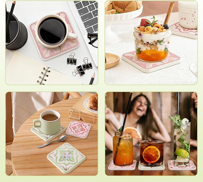 Coasters Set of 4, Square Drink Coasters Absorbent Heat Resistant Diatomite Coaster Cup Mats Vintage Home Decor for Coffee Table Desktop Protection (C, 3.9" x 3.9", 4pcs)