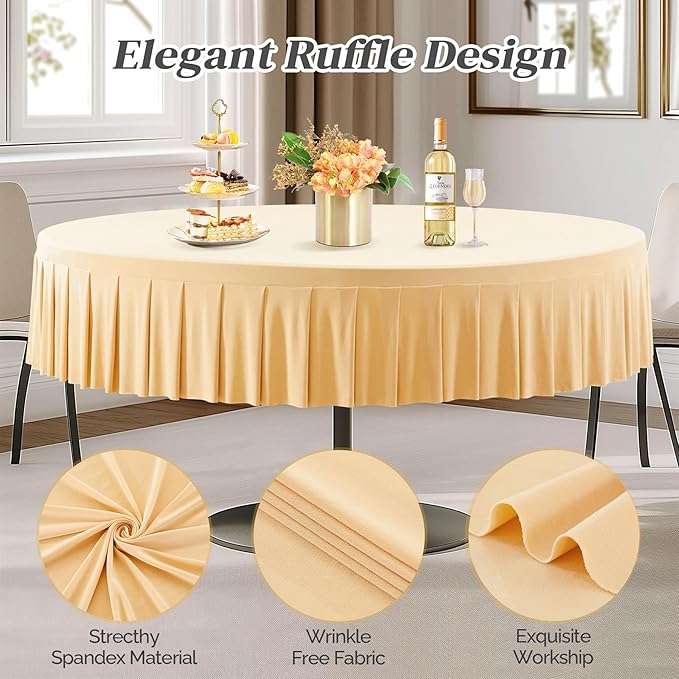 4 Pack Champagne Spandex Round Tablecloths for 60 Inch Tables, Stretchy Fitted 5FT Cloths, Wrinkle-Free Cover With Skirt for Wedding Party Dining Banquet