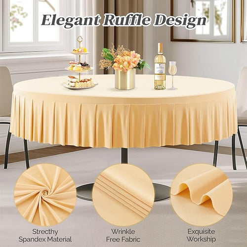 1 Pack Champagne Spandex Round Tablecloths for 72in Table, Stretchy Fitted 6FT Round Table Cloths, Wrinkle Free Table Cover with Skirt for Wedding Birthday Party Bridal Shower Banquet