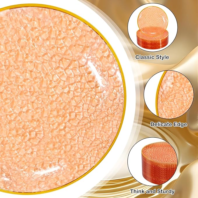 Rubtlamp 100 Pcs Clear Orange Gold Plastic Plates, Hammered Orange Party Plates,Heavy duty Dessert Plates,Disposable Salad/Dessert Platos,Clear Gold Plastic Platos 7 Inch For Thanksgiving,Halloween