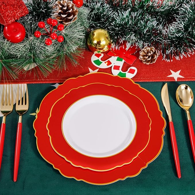 WDF 30Guest Red Plastic Plates - Gold Plastic Silverware With Red Handle - Red Plates Disposable- Baroque Plastic Dinnerware for Party Valentine's Day