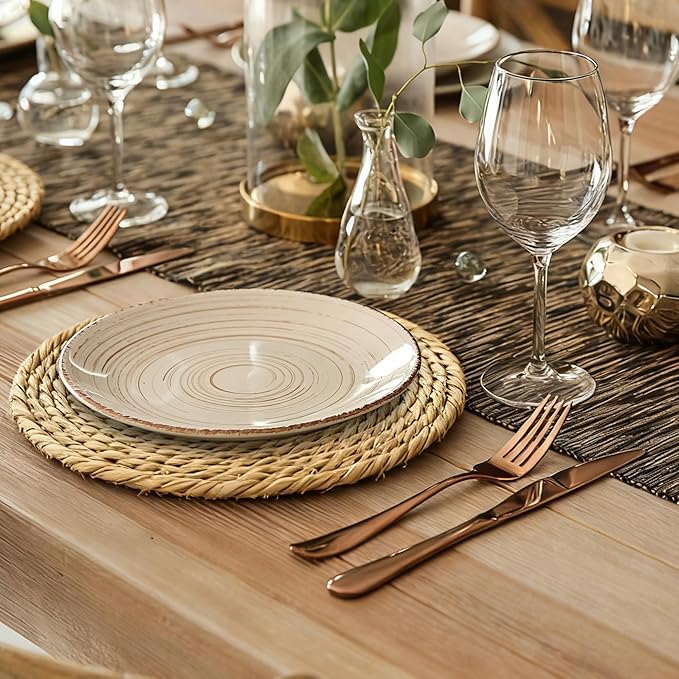 Elcoho 10 Pieces Round Woven Placemats 13.8 Inch Boho Rattan Placemats Farmhouse Braided Place Mats Woven Plate Chargers Rustic Wicker Table Mats for Dining Table