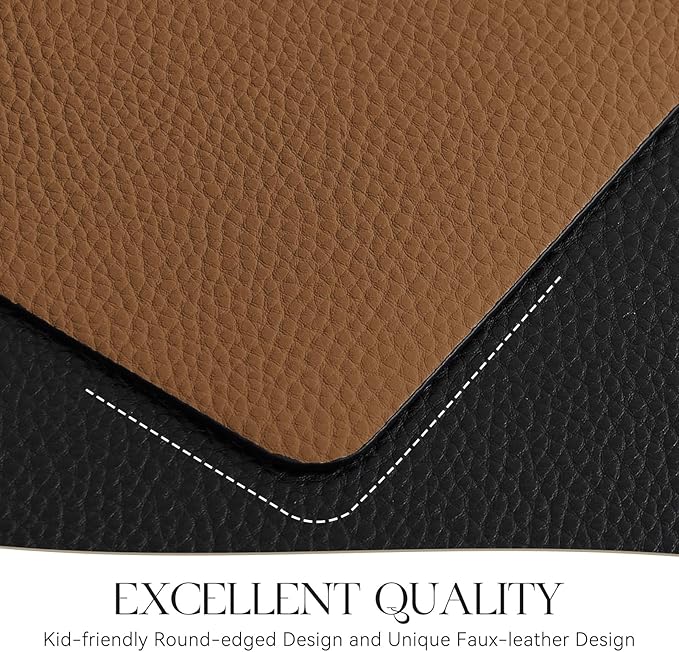 MOSAYT Vinyl Placemats Set of 6, Heat Resistant Place Mats 100% Waterproof Washable & Wipeable Faux Leather Reversible Table Mats for Kitchen Dining Party Indoor Outdoor, 12" x 17", Black/Brown