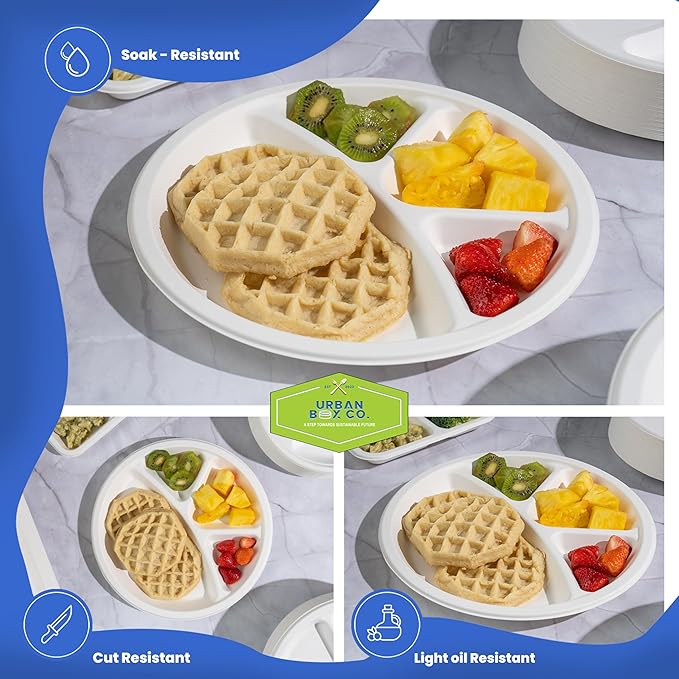 Urban Box Co. 12-Inch 4-Compartment Compostable Plates, Heavy-Duty Eco-Friendly Sugarcane Fiber, Biodegradable & PFAS-Free, BPI-Certified, Compostable Dinner Plates, 400 Pack