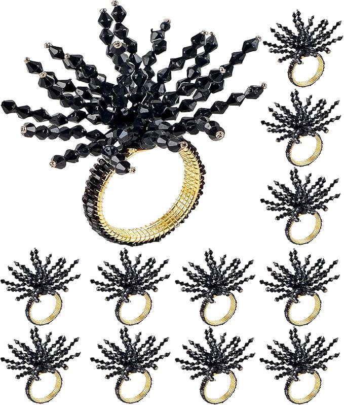 CLEENTABLE 12-Pcs Decorative Napkin Rings - Beaded Serviette Ring Napkin Holders for Summer Beach Wedding Ocean Coastal Nautical Holiday Party Home Table Décor (Black)