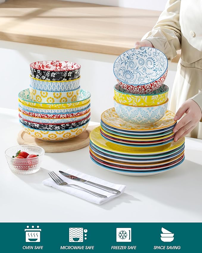 vancasso SELENE Plates and Bowls Set for 6, 24 Pieces Dinnerware Sets, Mircowave and Dishwasher Safe Dishes Set, Porcelain Pastel Dinnerware