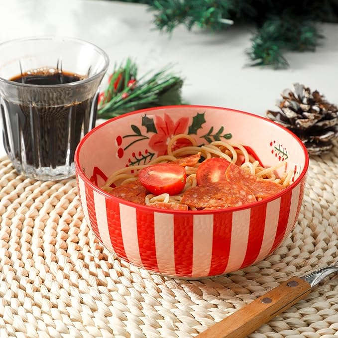 Ceramic Soup Bowls Set of 6,30 Ounce Stoneware Cereal Bowl,Porcelain Nesting Bowls for Oatmeal,Popcorn,Soup,Pasta,Fruit,Christmas Gift,Microwave & Dishwasher Safe,Christmas Bow