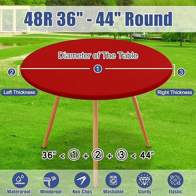 Round Spandex Christmas Tablecloth 2 Pack, Elastic Fitted Waterproof Tablecloths for 36"-44" Tables, Stretch Washable Picnic Table Cover for Camping, Dining, Indoor and Outdoor, Red
